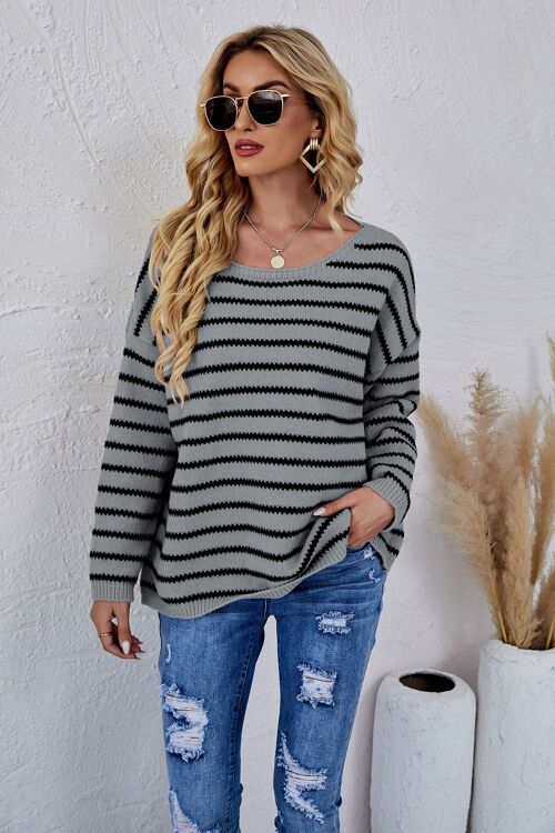 Round Neck Striped Knit Sweater-Gray