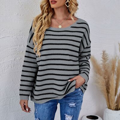 Round Neck Striped Knit Sweater-Gray