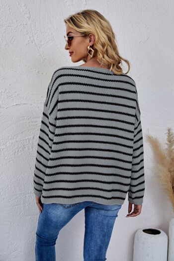 Pull Col Rond en Tricot Rayé-Gris 2