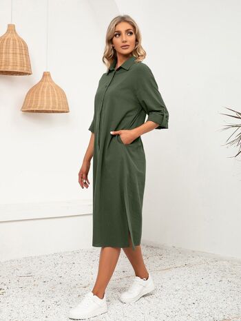 Robe chemise boutonnée unie-Vert olive 3