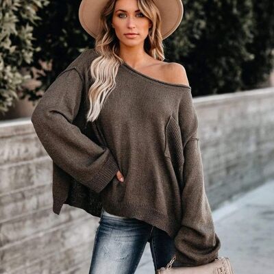 Chunky Knit Off Shoulder Relaxed Top-Coffee