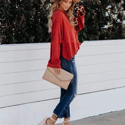 Chunky Knit Off Shoulder Relaxed Top-Love Red