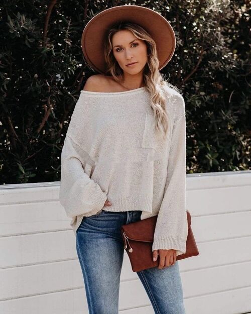 Chunky Knit Off Shoulder Relaxed Top-White