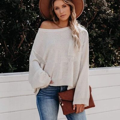 Chunky Knit Off Shoulder Relaxed Top-White