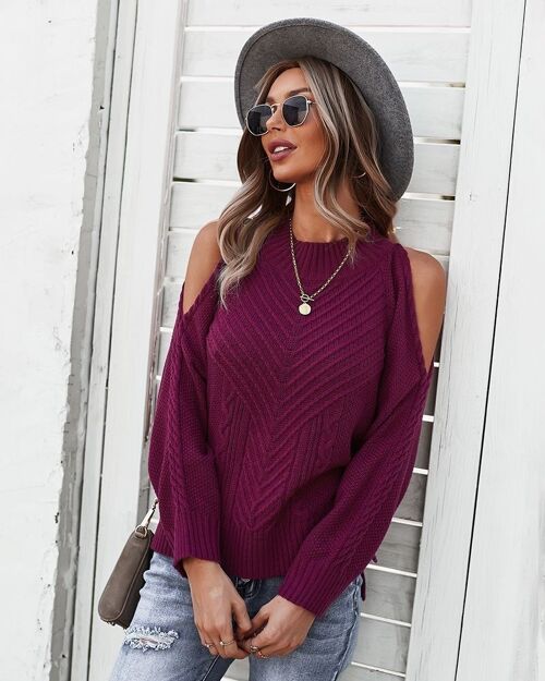 Cold Shoulder Cable Knit Sweater-Burgundy