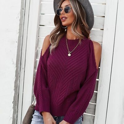 Cold Shoulder Cable Knit Sweater-Burgundy