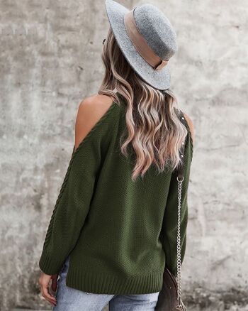 Pull en tricot torsadé à épaules dénudées - Vert olive 2