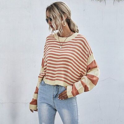 Drop Shoulder Striped Fall Sweater-Tan