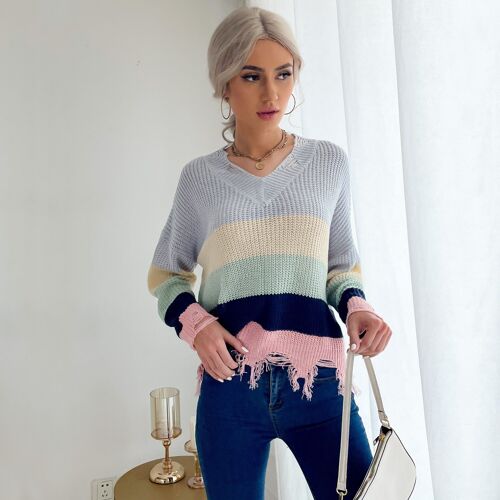 Frayed Hem Rainbow Knit Sweater-Blue