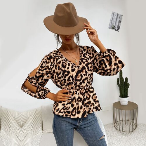 Leopard Cutout Sleeve Blouse-Tan