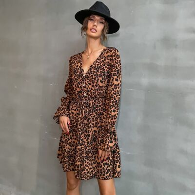 Vestido de cintura fruncida con estampado de leopardo-Coco Brown