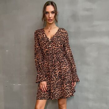 Robe à imprimé léopard à taille froncée-Marron Coco 4