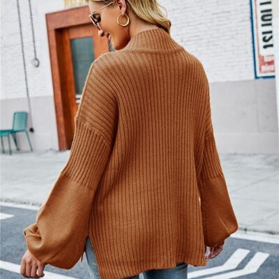 Drop Shoulder Chunky Ribbed Sweater-Coco Brown