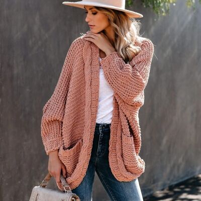 Asymmetrical Hem Chunky Knit Cardigan-Mauve