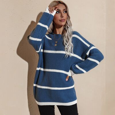 Drop Shoulder Striped Oversized Knit Sweater-Blue