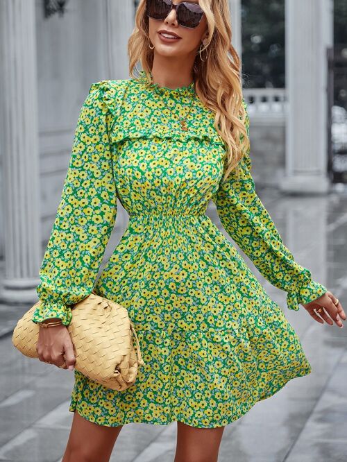 Floral Ruffle Trim Vintage Dress-Green