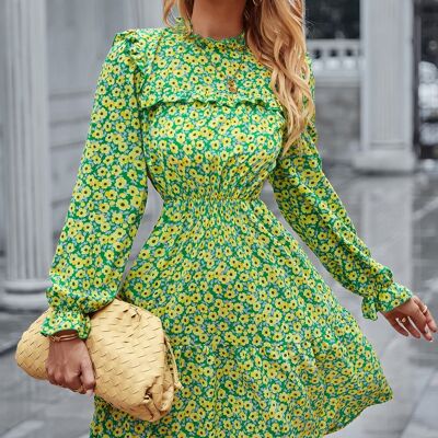 Vintage Kleid mit floralem Rüschenbesatz-Grün