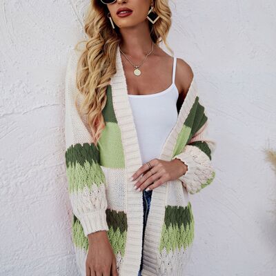 Color Block Striped Knit Cardigan-Green