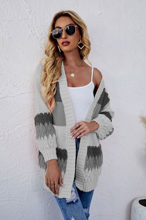 Color Block Striped Knit Cardigan-Gray
