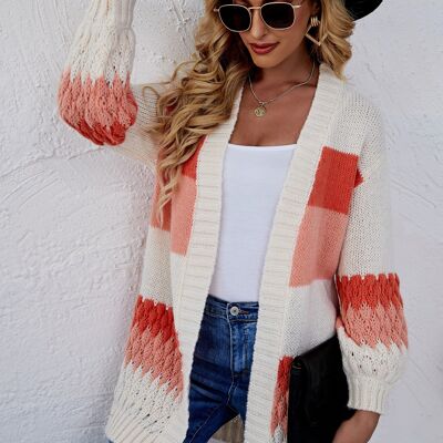 Color Block Striped Knit Cardigan-Soft Orange