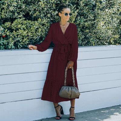 Clip Dot Wrap Dress-Burgundy