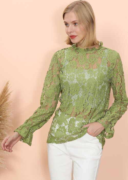 Layering Lace Puffed Sleeve Top-Green