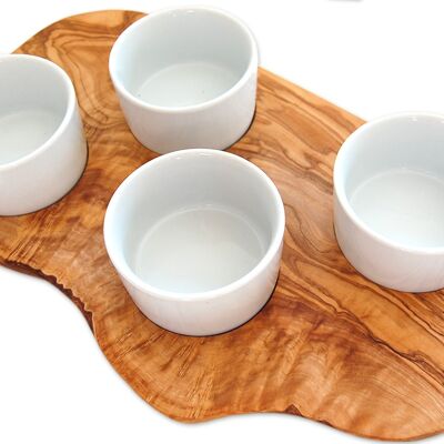 Serving board for dips incl. 4 porcelain bowls, olive wood