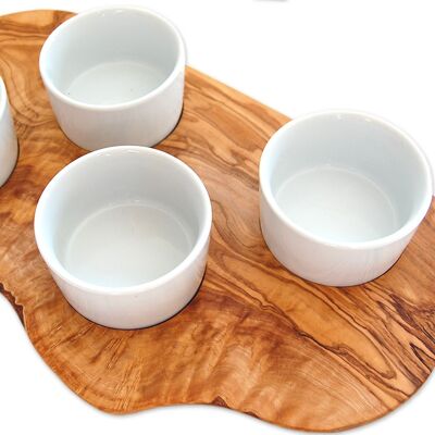 Serving board for dips incl. 4 porcelain bowls, olive wood