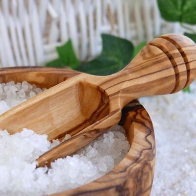 Salt jar with lid including salt flakes, olive wood