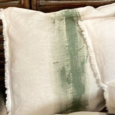 Cuscino // lino ecru dipinto in verde rosmarino - Collezione ABSTRACT