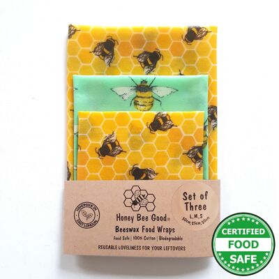 Juego de 3 envolturas de cera de abeja (L,M,S) | Hecho a mano en el Reino Unido | Envoltura de alimentos | Abeja feliz