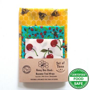 Ensemble de 3 enveloppes de cire d'abeille (L, M, S) | Fabriqué à la main au Royaume-Uni | Emballage Alimentaire | Abeilles & Cerises 1