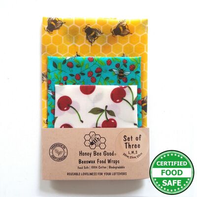 3er Set (L,M,S) Bienenwachstücher | Handgefertigt im Vereinigten Königreich | Lebensmittelverpackung | Bienen & Kirschen