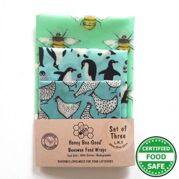 Ensemble de 3 enveloppes de cire d'abeille (L, M, S) | Fabriqué à la main au Royaume-Uni | Emballage alimentaire | Pingouins, poules et abeilles 1