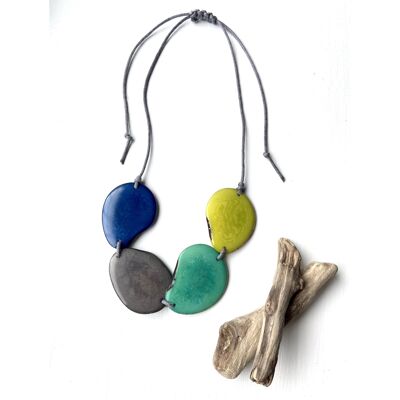 Collier Tagua Bleu Marine, Vert, Gris 4 Perles – Fil GRIS