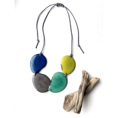 Collar de Tagua de 4 Cuentas Azul Marino, Verde, Gris - Hilo AZUL OSCURO