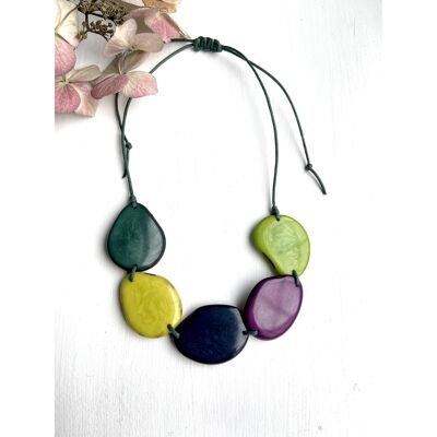 Collar de Tagua de 5 Cuentas Verde, Petróleo, Morado - Hilo PÚRPURA