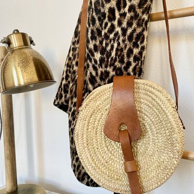 Sac besace, panier rond avec fermeture en cuir