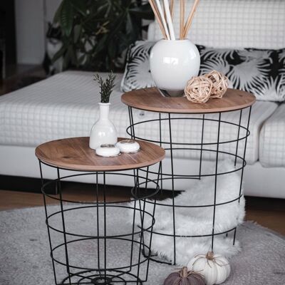 Metal side table and wire basket with wooden lid from Naturn Living | Side table set of 2 pieces | Side table black | Wire basket metal | table | Coffee table | Matt black