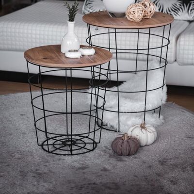 Metal side table and wire basket with wooden lid from Naturn Living | Side table set of 2 pieces | Side table black | Wire basket metal | table | Coffee table | Matt black