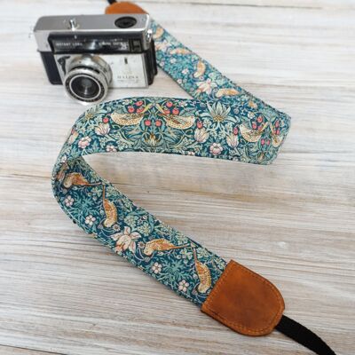 Green Birds Camera or Binoculars Strap, Liberty of London Strawberry Thief. Size standard