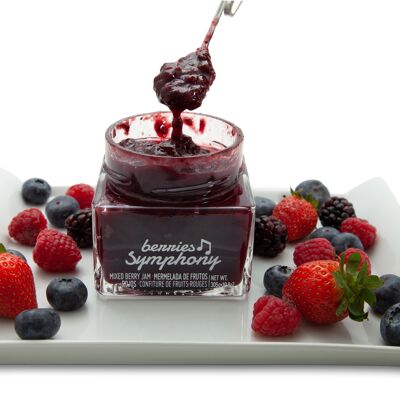 Organic artisan red fruit jam 85% fruit 305g. Reduced sugar content.