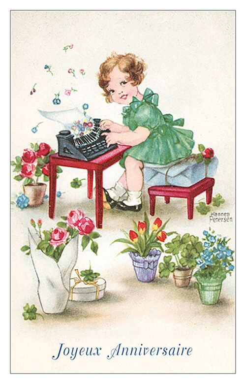 Carte postale machine à écrire fille