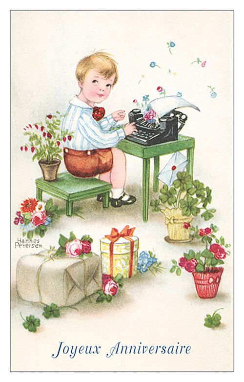 Carte postale machine à écrire garçon