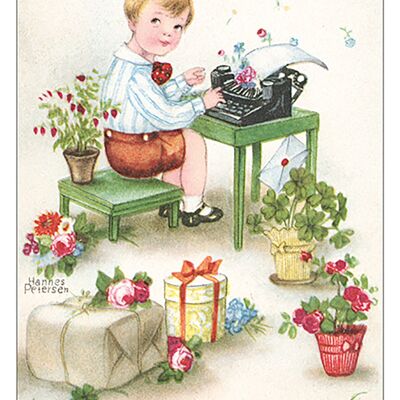 Boy typewriter postcard