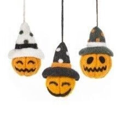 Trio di palline di zucca in feltro fatte a mano da appendere decorazioni di Halloween