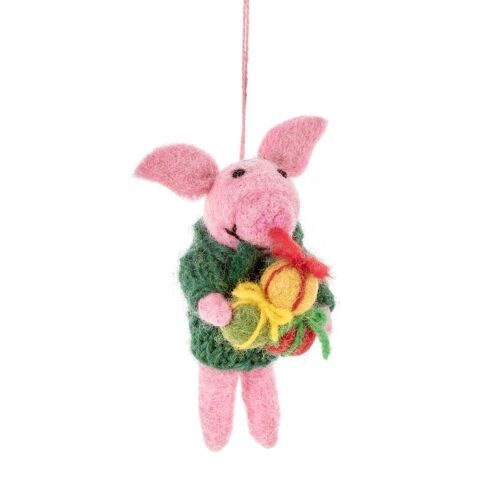 Handmade Felt Poppy the Pig Hanging Christmas Decoration