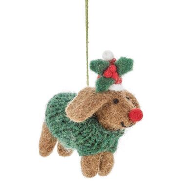 Decoración navideña colgante para perro salchicha Rudolph de fieltro hecho a mano