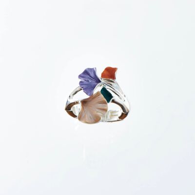 Bague élastique, rhodiée, ginko multicolore