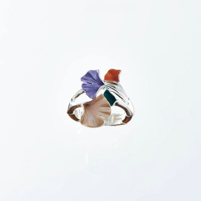 Elastic ring, rhodium-plated, multicolored ginko